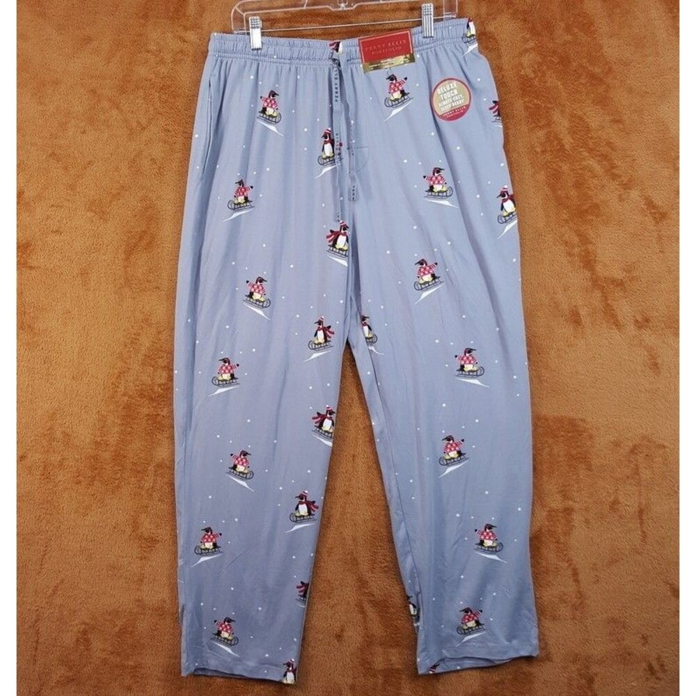 PERRY ELLIS Pajama Pants Medium Gray Penguin Sleigh Snow Winter Sleepwear PJs